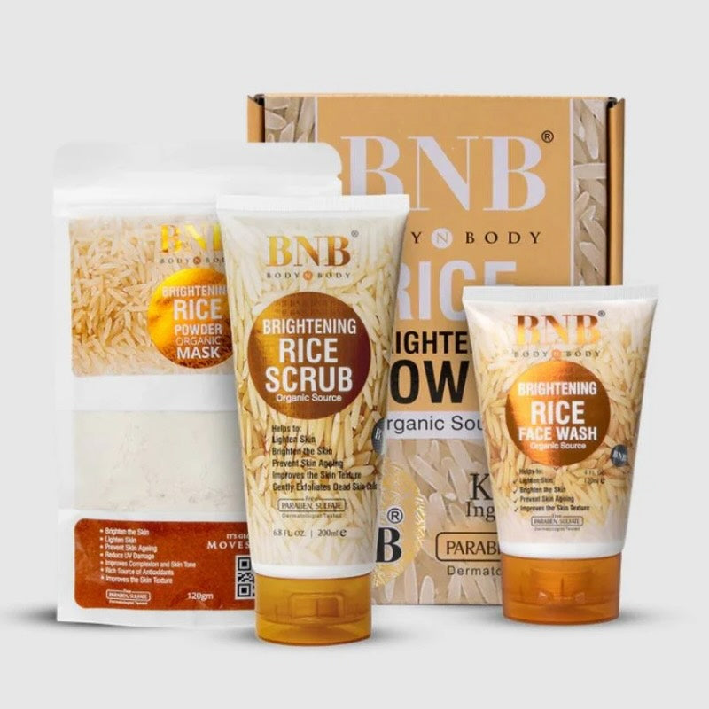 BNB Rice Extract Bright & Glow Kit – 3 in 1 Organic Whitening, Brightening & Glow Facial for Girls and Women